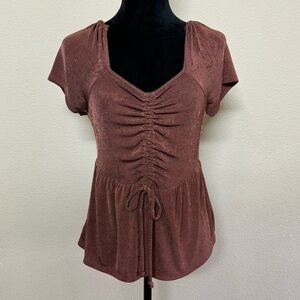 Daytrip top women XS metallic cinch tie short sleeve babydoll blouse brown